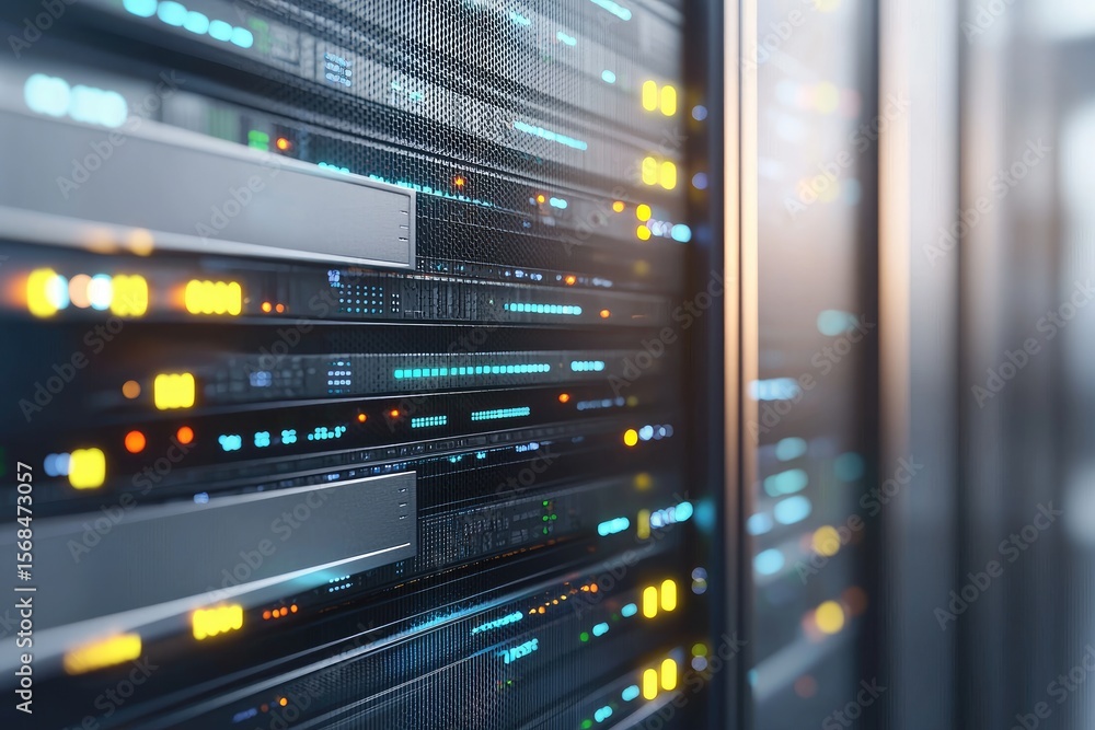 Leinwandbilder Close-up view of modern server racks with glowing LED indicators in a clean data center, ideal for cloud infrastructure, IT networks, and cybersecurity system visuals