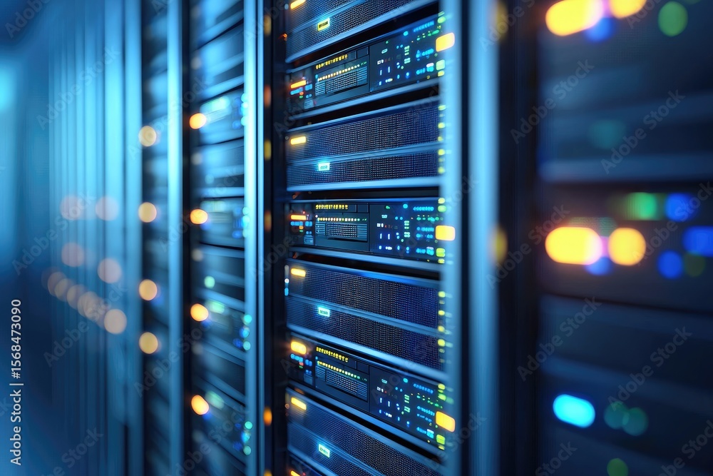 Poster Blue-lit data center server racks with glowing indicators, perfect for illustrating network infrastructure, data processing, cloud computing, and cybersecurity systems