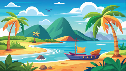 Obraz premium Cartoon Tropical Island with Palm Trees, Sandy Beach, Blue Sea, Mountains, and a Boat