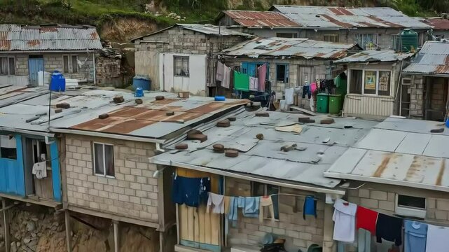 A dense collection of informal housing structures clings to a steep hillside