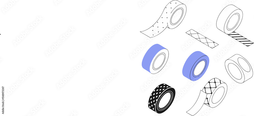 Poster isometric tape rolls on transparent backdrop a colorful array of tapes for design projects and creat
