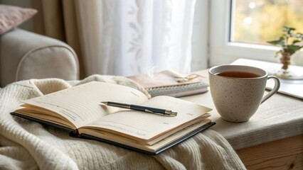Journal, pen, and tea mug on cozy blanket