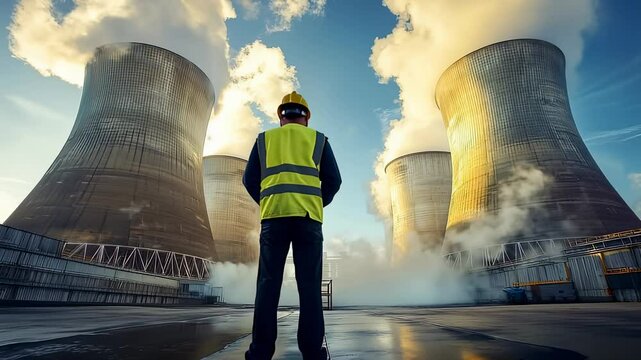 Nuclear Power Plant with Engineer Industrial landscape, cooling towers, safety inspection, energy production, environmental impact, modern architecture