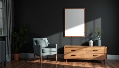 Fototapeta premium Serene living room interior with armchair and drawer with decoration, Blank mockup poster, showcases a stylish armchair, a wooden dresser
