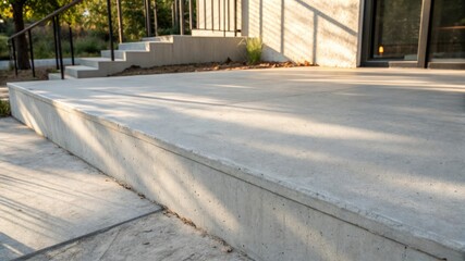 A modern concrete structure stands in the sunlight