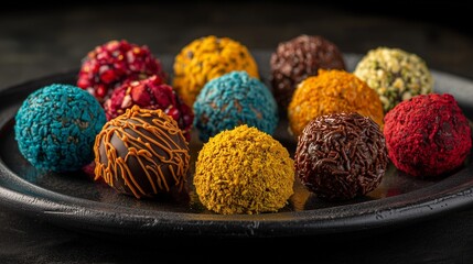 Assorted Colorful Chocolate Truffles on Elegant Black Platter

