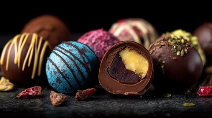 Assorted Colorful Chocolate Truffles on Elegant Black Platter

