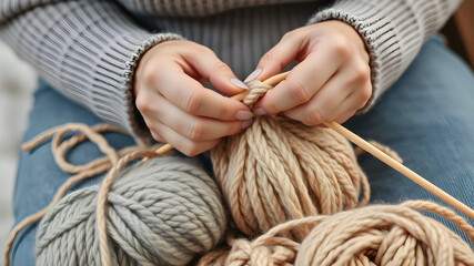 A person is knitting with a variety of different colored yarns