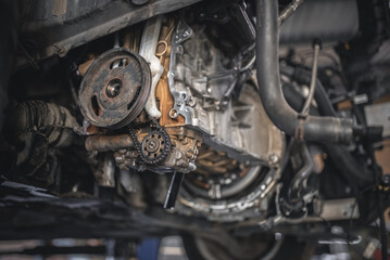 Detailed internal engine view, showcasing intricate components and mechanical structures.