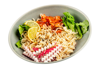 Noodle Bowl vegan fresh delicious gourmet food background on the table rustic food top view copy space keto and paleo diet vegan and vegetarian food