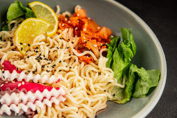 Noodle Bowl vegan fresh delicious gourmet food background on the table rustic food top view copy space keto and paleo diet vegan and vegetarian food