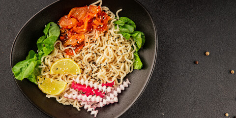 Noodle Bowl vegan fresh delicious gourmet food background on the table rustic food top view copy space keto and paleo diet vegan and vegetarian food