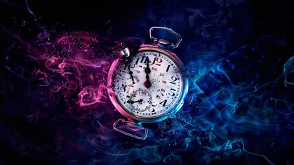Surreal image of an old clock shattering with pink and blue smoke effects - Powered by Adobe