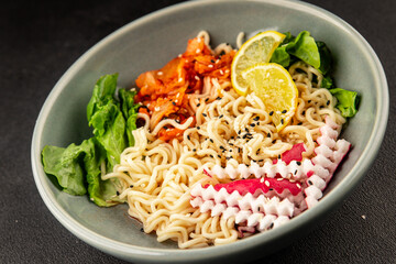 Noodle Bowl vegan fresh delicious gourmet food background on the table rustic food top view copy space keto and paleo diet vegan and vegetarian food