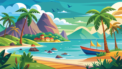 Tropical Beach Illustration with Palm Trees, Mountains, Boat, and Village Scenery Artwork