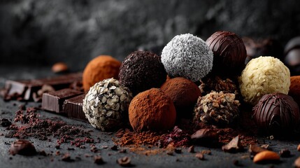 Assorted Colorful Chocolate Truffles on Elegant Black Platter

