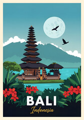 Iconic balinese temple and tropical scenery with full moon and birds