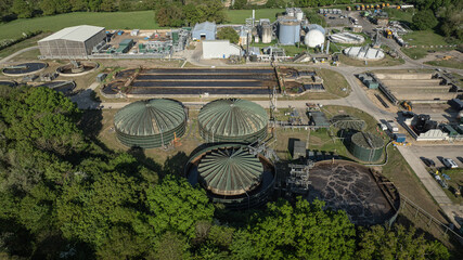 Overhead shot of a wastewater treatment facility, showcasing its complex infrastructure and processes, West Sussex, UK.