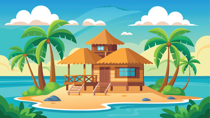 Tropical Island Hut with Palm Trees, Sandy Beach, and Blue Ocean Illustration