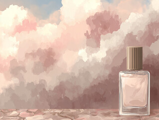 Glass bottle of perfume placed on a surface with soft pink clouds in the background during a warm sunset