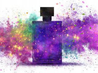 Colorful perfume bottle surrounded by a vibrant explosion of glitter and dust in a whimsical display