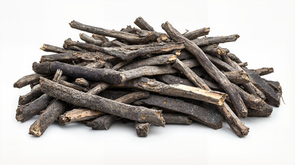 Pile of dry sticks arranged on a clean white background. Natural rustic decoration, craft material, eco-friendly design element.