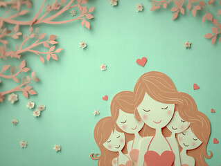 Colorful paper art depicting four women embracing on a lovely pastel background with floral accents