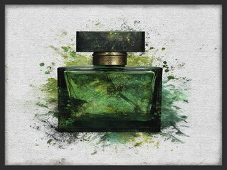 Scented allure captured in a green perfume bottle with artistic splashes of color in a modern design