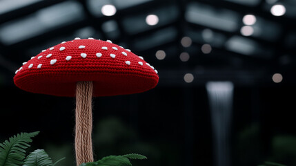 Hand-crocheted red mushroom with white spots displayed against a dark background. Whimsical handmade toy, cozy cottagecore aesthetic, detailed fiber art.