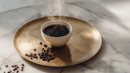 Hot coffee in an elegant cup on a gold plate, surrounded by scattered coffee beans. Warm, luxurious atmosphere, rich aroma, cozy café or morning ritual concept.