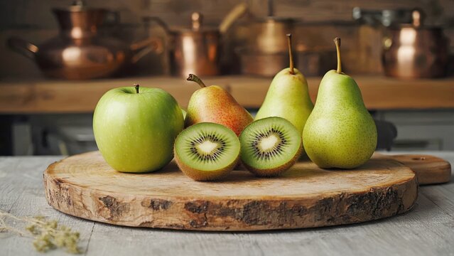 Fresh green apples, juicy pears, and sliced kiwi fruit on rustic wooden board in cozy kitchen - Powered by Adobe