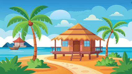 Fototapeta premium Tropical beach scene with palm trees, thatched hut, ocean, and distant boat illustration