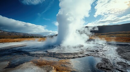 A geyser erupts in a geothermal area.