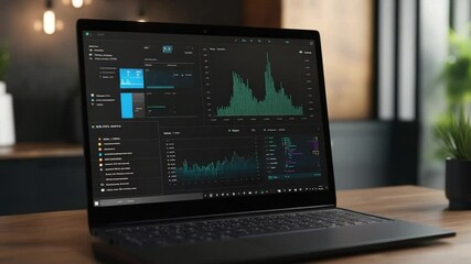 Laptop displaying intricate financial analytics with dynamic data visualizations on screen - Powered by Adobe