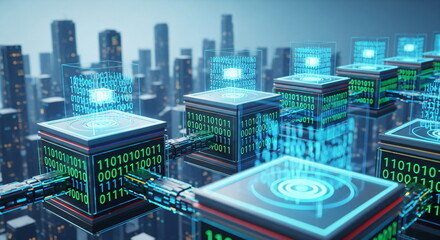 Digital data boxes with binary code connect across a cityscape, representing smart city and global network.