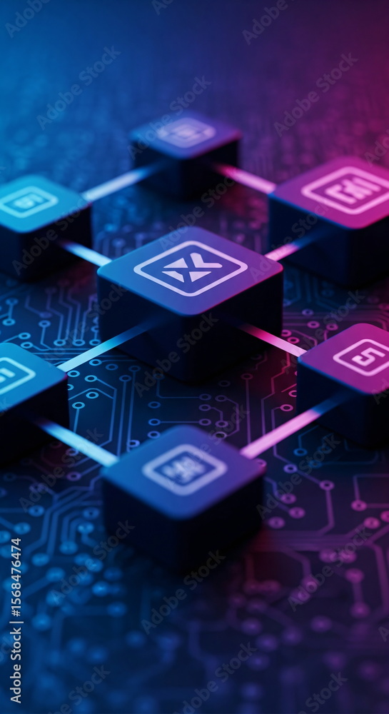 Poster blockchain network with interconnected nodes on a circuit board, representing cryptocurrency and dec