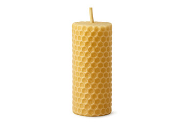 Beeswax candle with honeycomb texture standing vertically, featuring centered wick against transparent backdrop, awaiting illumination