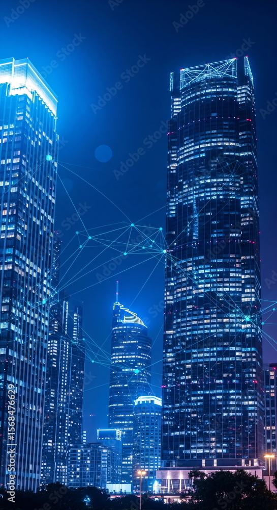 Poster night view of modern city skyscrapers with interconnected network lines. data communication internet