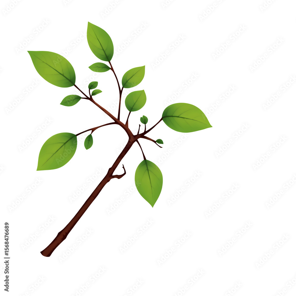 Poster a digitally rendered image of a branch with green leaves against a space here on transparent backgro