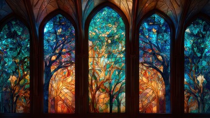 Stained glass window with tree design