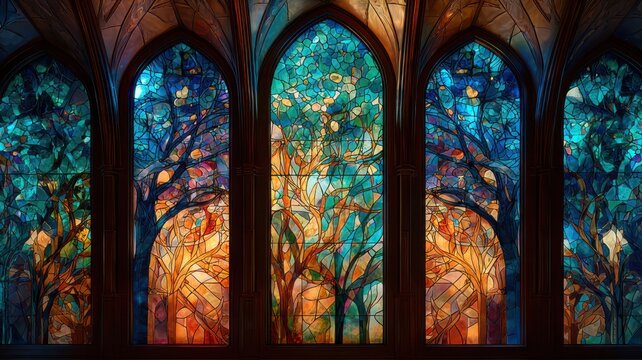 Stained glass window with tree design - Powered by Adobe