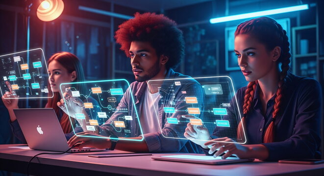 Three diverse young people using futuristic transparent screens with data flow charts, for data analysis and technological development.