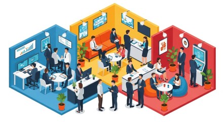 Isometric illustration of a business exhibition with people