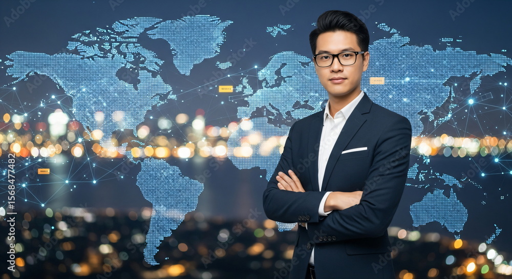 Poster an asian man in a suit standing with arms crossed in front of a global digital network map for busin