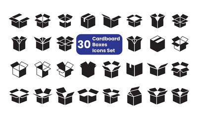 30 black cardboard box icons in various open and closed positions.