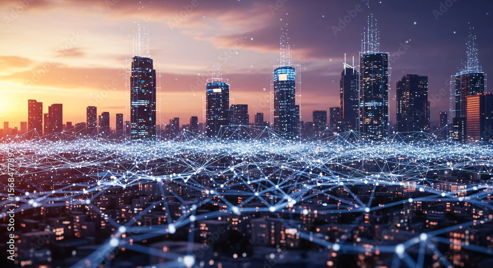Poster night view of modern city skyscrapers with interconnected network lines. data communication internet