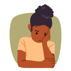 Bored girl child cartoon character leaning her head on palm with unhappy facial expression portrait