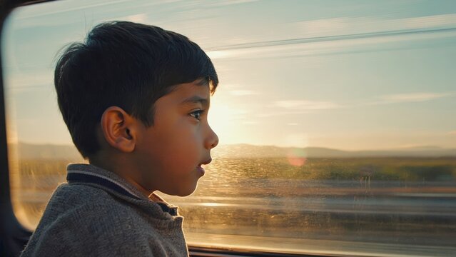 Young asian boy gazing out train window at sunrise