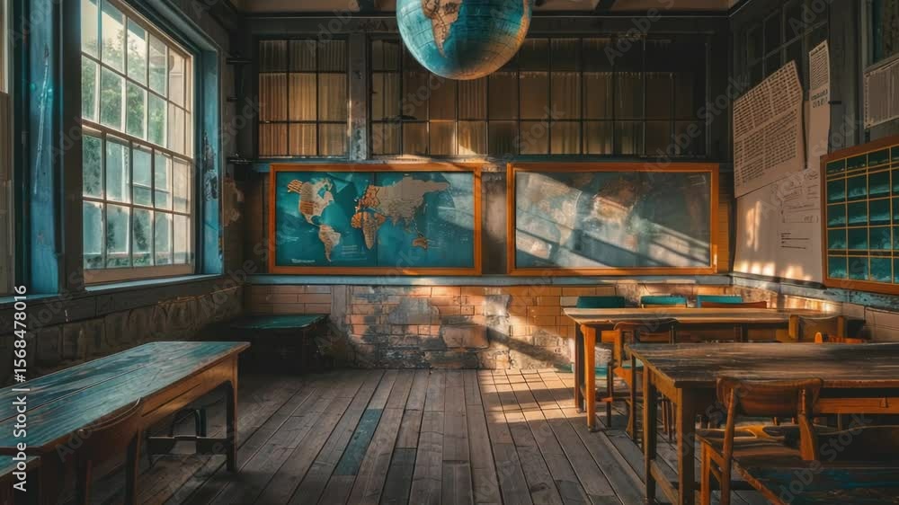 Aufkleber A traditional classroom setting with a globe hanging from the ceiling, suitable for educational and informative purposes