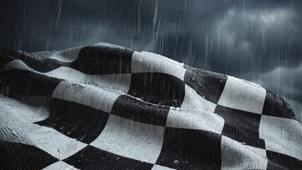 Wet checkered flag in rainy storm with dramatic dark sky